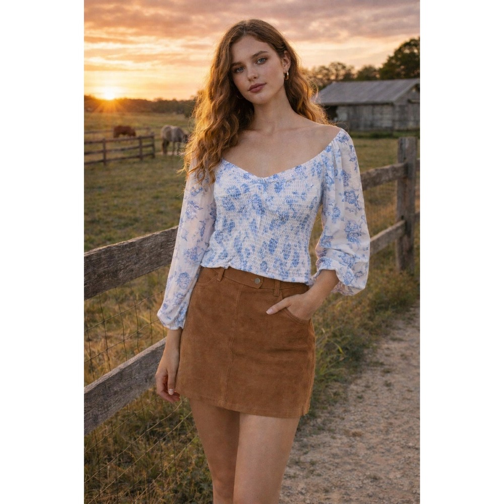 Blue‎ White Floral Toile Boho Blouse Puff Sleeves Sz L Bridgerton Romantic Poet